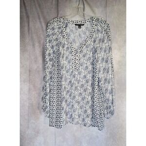 Zac&Rachel Blue Floral Paisley 3/4 Sleeve Tie Neck Pheasant Top Size XL Lightwei